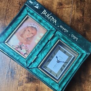 BULOVA | New In Box Emerald and Gold Dual Frame Quartz Clock And Photo Holder